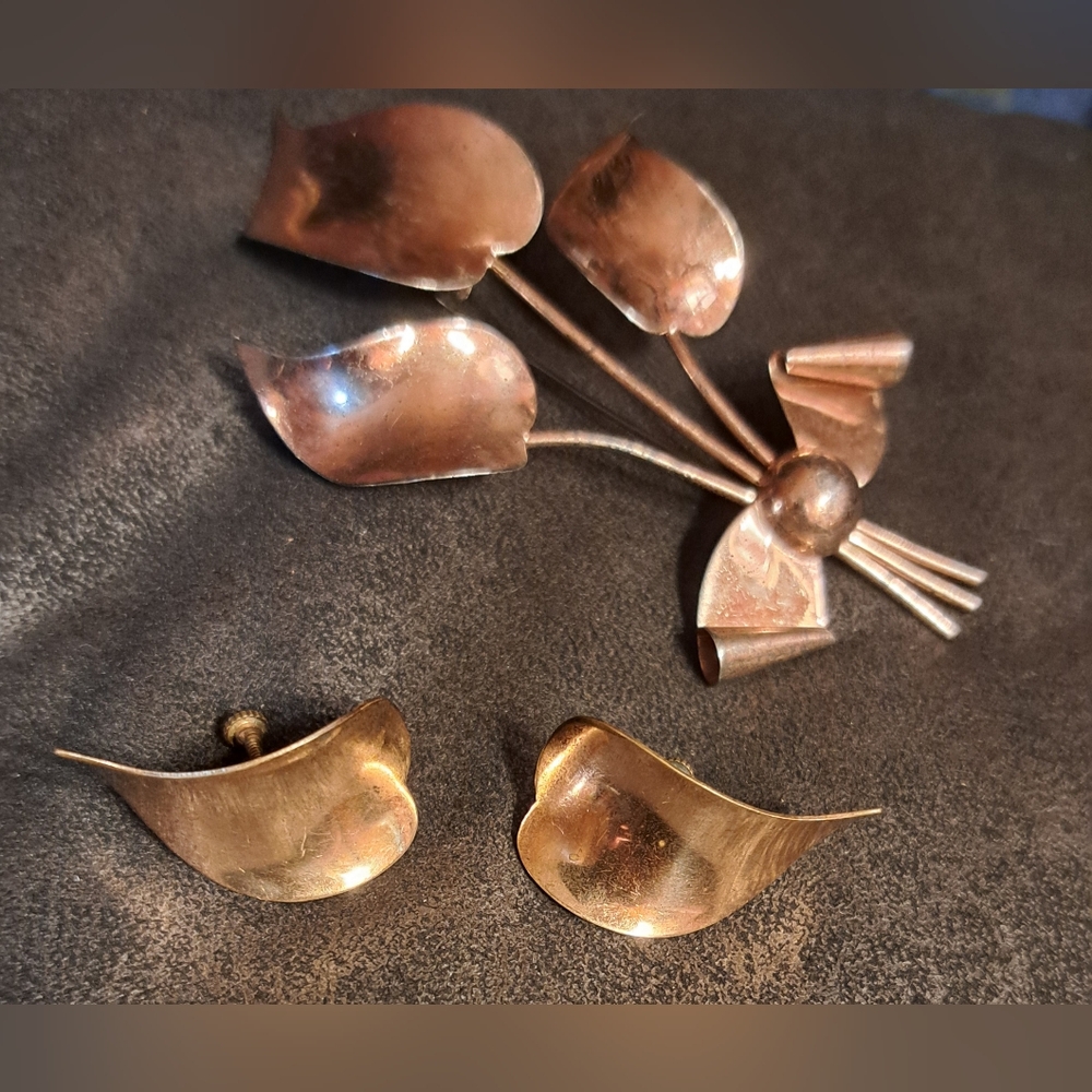 Signed Vintage Sterling by Jordan Copper wash pin and earrings